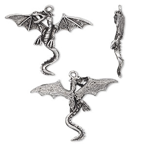 Focal, antiqued pewter (tin-based alloy), 42x31mm dragon with wings. Sold per pkg of 2.