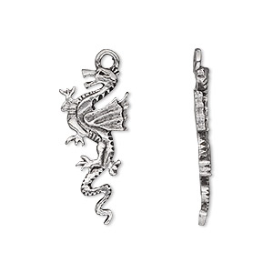 Charm, antiqued pewter (tin-based alloy), 25x11mm dragon. Sold per pkg of 4.
