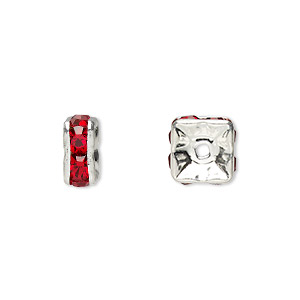 Bead, glass rhinestone and silver-plated brass, red, 8x4mm squaredelle. Sold per pkg of 10.