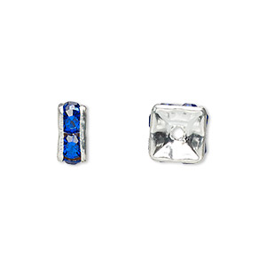 Bead, glass rhinestone and silver-plated brass, sapphire blue, 8x4mm squaredelle. Sold per pkg of 10.