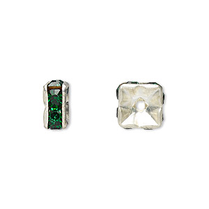 Bead, glass rhinestone and silver-plated brass, emerald green, 8x4mm squaredelle. Sold per pkg of 10.