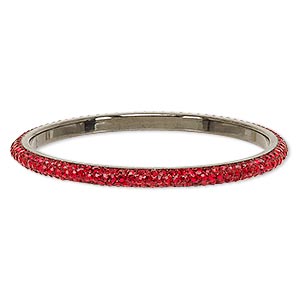 Bracelet, bangle, epoxy / Preciosa glass rhinestone / gunmetal-plated brass, black and light red, 6mm wide, 8-1/2 inches. Sold individually.