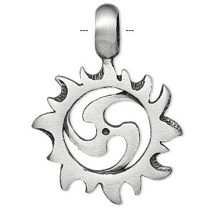 Pendant, pewter (tin-based alloy), 41x29mm sun spiral. Sold individually.