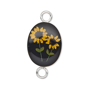 Link, sterling silver and acrylic resin with sunflower, black with yellow flower, 22x16mm oval. Sold individually.
