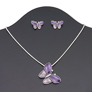 Necklace and earring set, enamel / Czech glass rhinestone / silver-finished brass / steel / &quot;pewter&quot; (zinc-based alloy), purple / lavender / clear, 42x40mm butterfly, 16 inches with 3-inch extender chain and lobster claw clasp, 22x16mm butterfly with post. Sold per set.