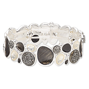 Bracelet, stretch, druzy (imitation) / Czech glass rhinestone / enamel / silver-plated &quot;pewter&quot; (zinc-based alloy), black / cream / clear, 19mm wide with freeform design, 6-1/2 inches. Sold individually.