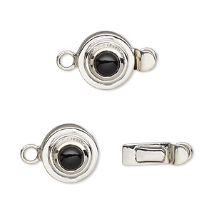 Clasp, tab, black onyx (dyed) and sterling silver, 11mm round with 5mm round. Sold individually.