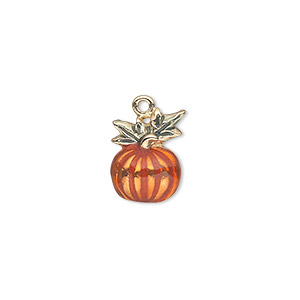 Charm, gold-finished &quot;pewter&quot; (zinc-based alloy) and enamel, orange and green, 14x10mm single-sided pumpkin. Sold individually.