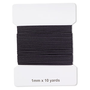 Cord, elastic rubber and nylon, black, 1mm diameter. Sold per pkg of 10 yards.