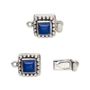 Clasp, tab, lapis lazuli (natural) and antiqued sterling silver, 11x11mm square with 6x6mm domed square. Sold individually.