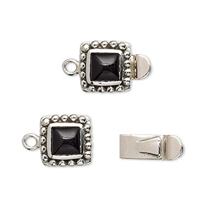 Clasp, tab, black onyx (dyed) and antiqued sterling silver, 11mm square with 6mm domed square cabochon. Sold individually.