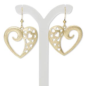 Earring, gold-finished steel and brass, 1-1/2 inches with brushed open  heart and heart cutout design with fishhook ear wire. Sold per pair. - Fire  Mountain Gems and Beads