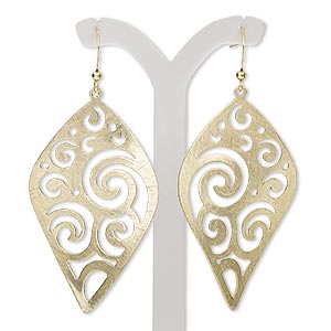 Everyday Jewelry Gold Steel Fishhook Earring Jewelrys - Earring, Gold-Plated Steel Brass, 2-3/4 Inches Brushed Wavy Diamond Swirl Cutout Design Fishho