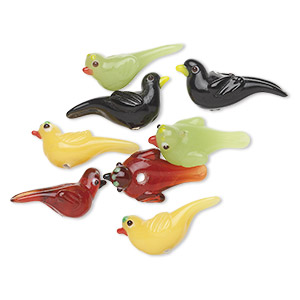 Bead mix, lampworked glass, multicolored, 25x13mm bird. Sold per pkg of 8.