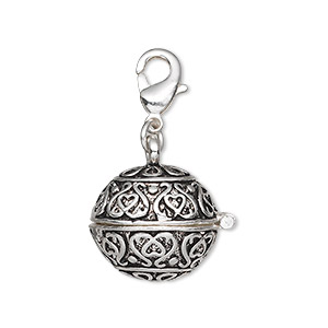 Drop, antique silver-finished &quot;pewter&quot; (zinc-based alloy), 17mm round prayer box with magnetic closure and lobster claw clasp. Sold individually.