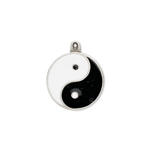 Charm, &quot;pewter&quot; (zinc-based alloy) and enamel, black and white, 20mm yin-yang round. Sold individually.