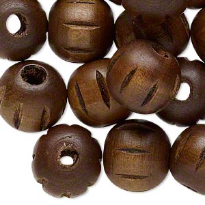 Bead, wood (dyed), dark brown, 20mm hand-cut fluted round. Sold per pkg of 25.