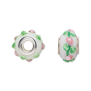 Bead, Dione&reg;, lampworked glass with silver-plated steel grommets, white / pink / green, 14x10mm bumpy rondelle with flowers. Sold per pkg of 6.