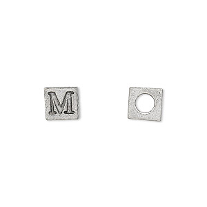 Bead, antiqued pewter (tin-based alloy), 7mm cube with Greek letter, MU. Sold per pkg of 4.
