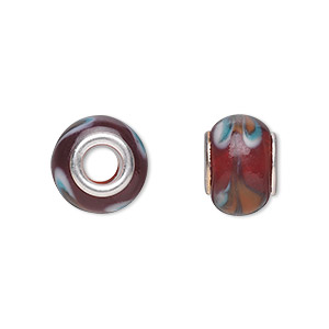 Bead, Dione&reg;, lampworked glass with silver-plated steel grommets, dark red with swirls, 14x10mm rondelle with 4.5-5mm hole. Sold per pkg of 6.