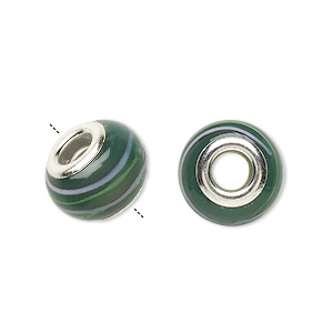 Bead, Dione&reg;, lampworked glass with silver-plated steel grommets, dark green and multicolored, 14x10mm rondelle with stripes, 4.5-5mm hole. Sold per pkg of 6.