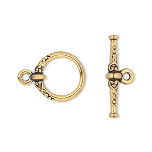 Clasp, TierraCast&reg;, toggle, antique gold-plated pewter (tin-based alloy), 16mm fancy round. Sold individually.