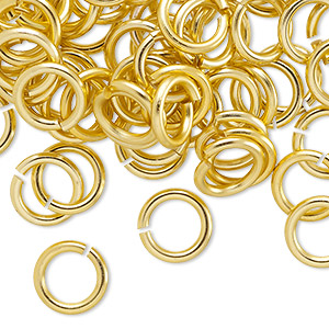 Jump ring, anodized aluminum, gold, 10mm round, 6.8mm inside diameter, 14 gauge. Sold per pkg of 100.