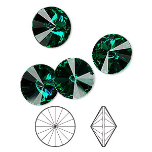 Chaton, Crystal Passions&reg;, emerald, foil back, 12mm faceted rivoli (1122). Sold per pkg of 4.