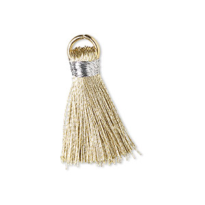 Tassel, cotton and gold-finished steel, metallic gold and silver, 20-24mm mini tassel with 6mm open jump ring. Sold per pkg of 4.