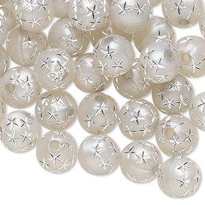 Bead, acrylic, silver, 8mm round with stars. Sold per pkg of 100.