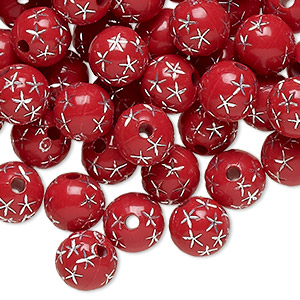 Bead, acrylic, red and silver, 8mm round with stars. Sold per pkg of 100.