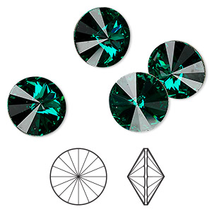 Chaton, Crystal Passions&reg;, emerald, foil back, 14mm faceted rivoli (1122). Sold per pkg of 4.
