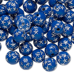 Bead, acrylic, opaque blue and silver, 8mm round with stars. Sold per pkg of 100.