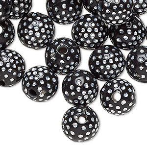 Bead, acrylic, black and silver, 10mm round with dots. Sold per pkg of 100.