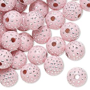 Bead, acrylic, pink and silver, 10mm round with dots. Sold per pkg of 100.