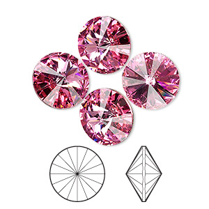 Chaton, Crystal Passions&reg;, rose, foil back, 14mm faceted rivoli (1122). Sold per pkg of 4.