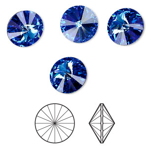 Chaton, Crystal Passions&reg;, sapphire, foil back, 14mm faceted rivoli (1122). Sold per pkg of 4.