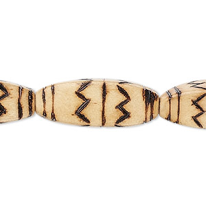 Bead, wood (coated), burnt, 25x10mm 4-sided oval with zigzag pattern. Sold per 15-1/2&quot; to 16&quot; strand.