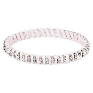 Bracelet, bangle, glass rhinestone / leatherette / silver-plated steel, pink and clear, 7mm wide with cupchain, 8 inches. Sold individually.