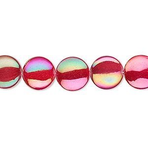 Bead, mother-of-pearl shell (dyed / coated), red, 10mm flat round. Sold per 15-inch strand.