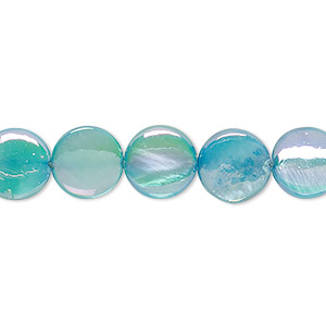 Bead, mother-of-pearl shell (dyed / coated), turquoise blue, 10mm flat round, Mohs hardness 3-1/2. Sold per 15-inch strand.