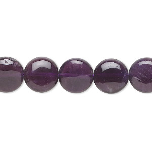 Bead, amethyst (natural), 10mm puffed flat round, B grade, Mohs hardness 7. Sold per 15-1/2&quot; to 16&quot; strand.