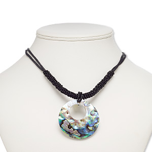 Necklace, resin / abalone shell / freshwater pearl shell (assembled) / waxed cotton cord / glass / imitation rhodium-finished brass / steel, black, 50mm round go-go, 18 inches with 3-inch extender chain and lobster claw clasp. Sold individually.