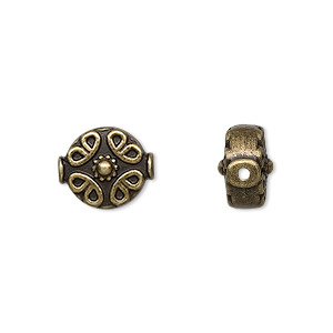 Bead, antique brass-finished &quot;pewter&quot; (zinc-based alloy), 10mm filigree flat round. Sold per pkg of 10.