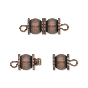 Clasp, barrel, antique copper-finished brass, 16x8mm fancy double round. Sold per pkg of 4.