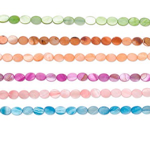 Bead, mother-of-pearl shell (dyed), assorted colors, 12x10mm flat oval, Mohs hardness 3-1/2. Sold per pkg of (6) 15-1/2&quot; to 16&quot; strands.