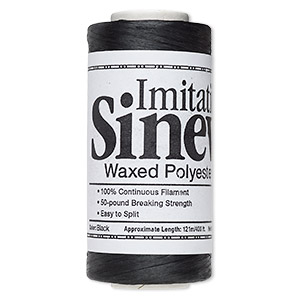 Cord, imitation sinew and waxed polyester, black, 2mm diameter, 50-pound test. Sold per 400-foot spool.