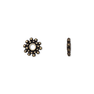 Bead, antique brass-finished &quot;pewter&quot; (zinc-based alloy), 9x2mm dotted rondelle. Sold per pkg of 24.