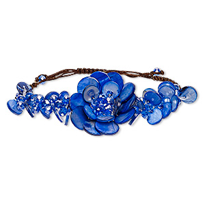 Bracelet, freshwater pearl shell (dyed) / felt / glass / waxed cotton cord, blue / brown / white, 45mm flower, adjustable from 6-1/2 to 9 inches with macram&#233; knot closure. Sold individually.