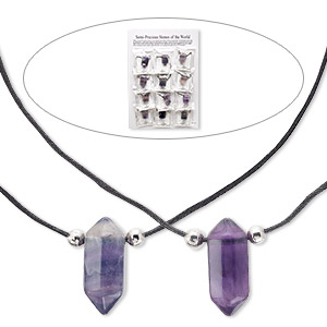 Necklace, purple fluorite (natural) / steel / waxed cotton cord, 28x13mm-33x15mm double point, 16 inches with 2-1/2 inch extender chain and lobster claw clasp. Sold per 12-piece set.